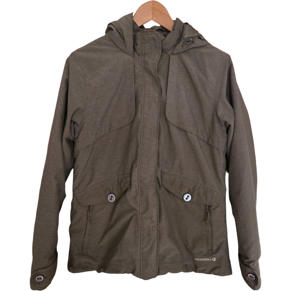 Merrell Opti-Warm Jacket Womens M Gray Tan Hooded Waterproof Full Zip Pockets